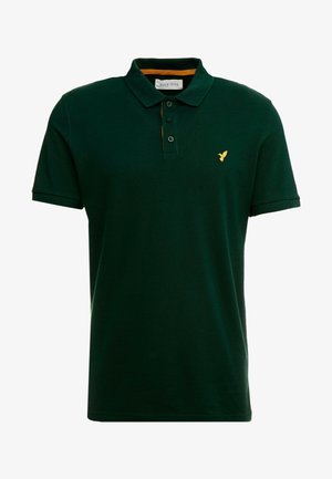 Dark green polo shirt with a classic collar, short sleeves, three-button placket, golden logo accent on the chest, and contrasting inner collar.