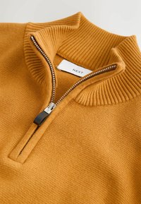 Senfgelber Strickpullover mit geripptem Kragen und halbem Reißverschluss, ausgestattet mit einem silberfarbenen Reißverschluss und einem Etikett mit der Aufschrift "NEXT."
