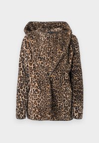 Sukňa z imitácie kožušiny so vzorom leoparda, širokým golierom a dlhými rukávmi, prezentovaná na jednoduchom pozadí.