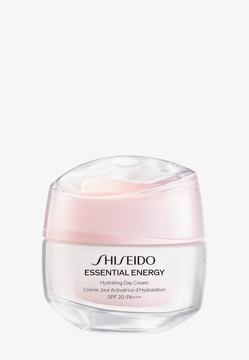 Krem nawilżający na dzień Shiseido Essential Energy w przezroczystym, okrągłym słoiku z jasnoróżową nakrętką, SPF 20 PA+++, prezentowany na białym tle.