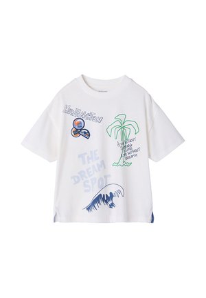 White short-sleeve T-shirt with "Huntington," palm tree, wave, and surf-themed graphic prints in blue, green, and orange colors.