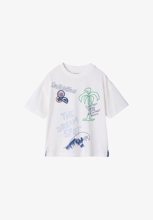 Weißes T-Shirt mit kurzen Ärmeln und grafischen Drucken in Blau, Grün und Orange mit den Motiven "Huntington", Palme, Welle und Surfen.