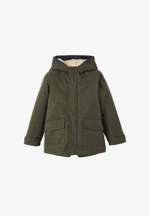 Olive green hooded winter jacket with soft cream fleece lining and two front flap pockets, designed for warmth and protection.