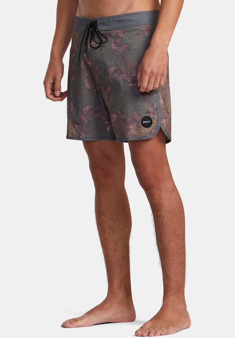 Men's swim trunks in a gray fabric featuring a multicolored leaf pattern, elastic waistband with drawstring, and a side logo patch.