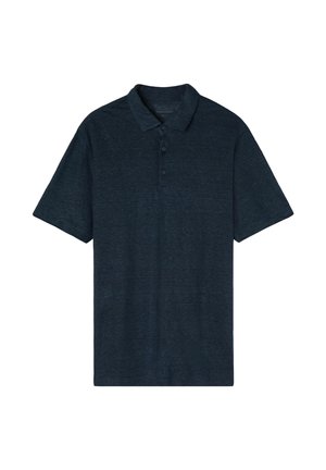 Marineblaues Poloshirt aus weichem Stoff, mit klassischem Kragen, Knopfleiste mit drei Knöpfen und kurzen Ärmeln mit strukturiertem Aussehen.