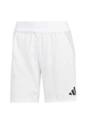 Pantaloni corti sportivi bianchi realizzati in tessuto leggero con una cintura elastica. Presentano un logo Adidas nero sul lato sinistro in basso.