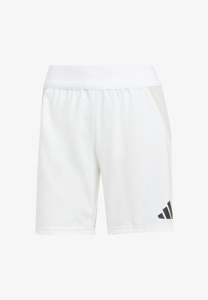 Pantaloni corti sportivi bianchi realizzati in tessuto leggero con una cintura elastica. Presentano un logo Adidas nero sul lato sinistro in basso.