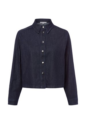 Dunkelblaue, kurz geschnittene Jeansjacke mit langen Ärmeln, spitzem Kragen und Frontverschluss mit Druckknöpfen.