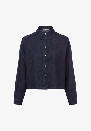 Ciemnoniebieska skrócona kurtka dżinsowa z długimi rękawami, spiczastym kołnierzem i zapięciem na zatrzaski z przodu.