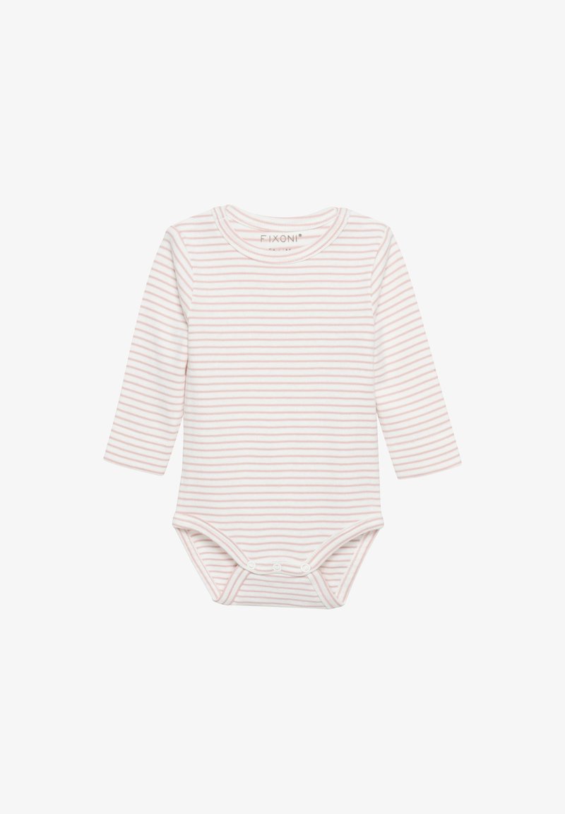 Langärmliger Babybody aus weichem, weißem Stoff mit hellrosa horizontalen Streifen. Mit einem runden Halsausschnitt und Druckknöpfen am unteren Ende.