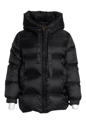 Black puffer jacket with a large hood, front zipper, drawstrings, and elasticized cuffs on long sleeves.