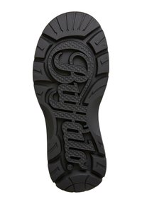 Suela de zapato de goma negra con un patrón texturizado que presenta surcos, detalles circulares y la palabra "Glyde" grabada de forma centrada.