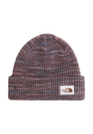 Prążkowana czapka typu beanie w mieszanych odcieniach brązu, niebieskiego i różowego, z podwiniętym mankietem i prostokątną białą naszywką z napisem The North Face.