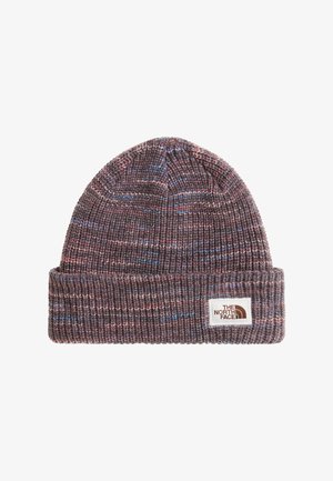 Gerippte Strickmütze in gemischten Braun-, Blau- und Pinktönen mit umgeschlagenem Bündchen und rechteckigem weißen Aufnäher mit der Aufschrift The North Face.
