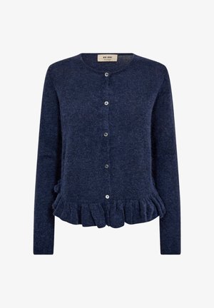 Marineblauer Langarmstrickjacke mit rundem Halsausschnitt, Knopfleiste vorne und ausgestelltem Saum.