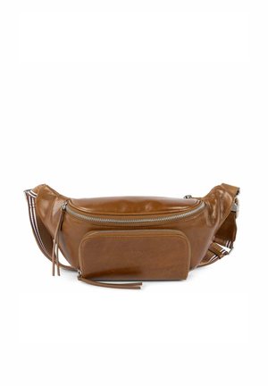 Brown leather fanny pack with a zippered main compartment, front pocket, and adjustable striped strap. Features tassel accents.