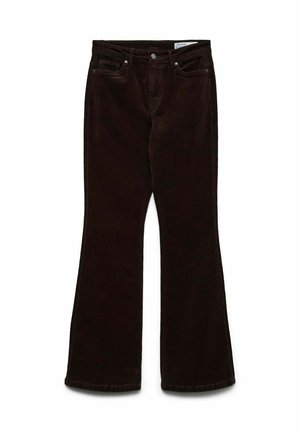 Bordeaux fluwelen flare broek met een gladde textuur, met functionele zakken en een tailleband met metalen sluiting.
