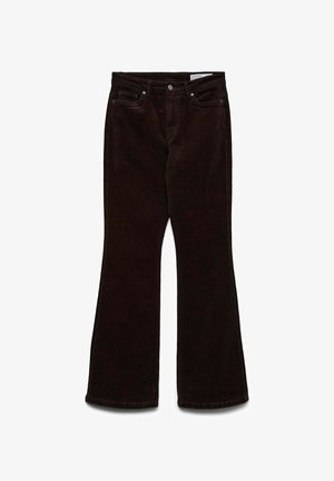 Bordeaux fluwelen flare broek met een gladde textuur, met functionele zakken en een tailleband met metalen sluiting.