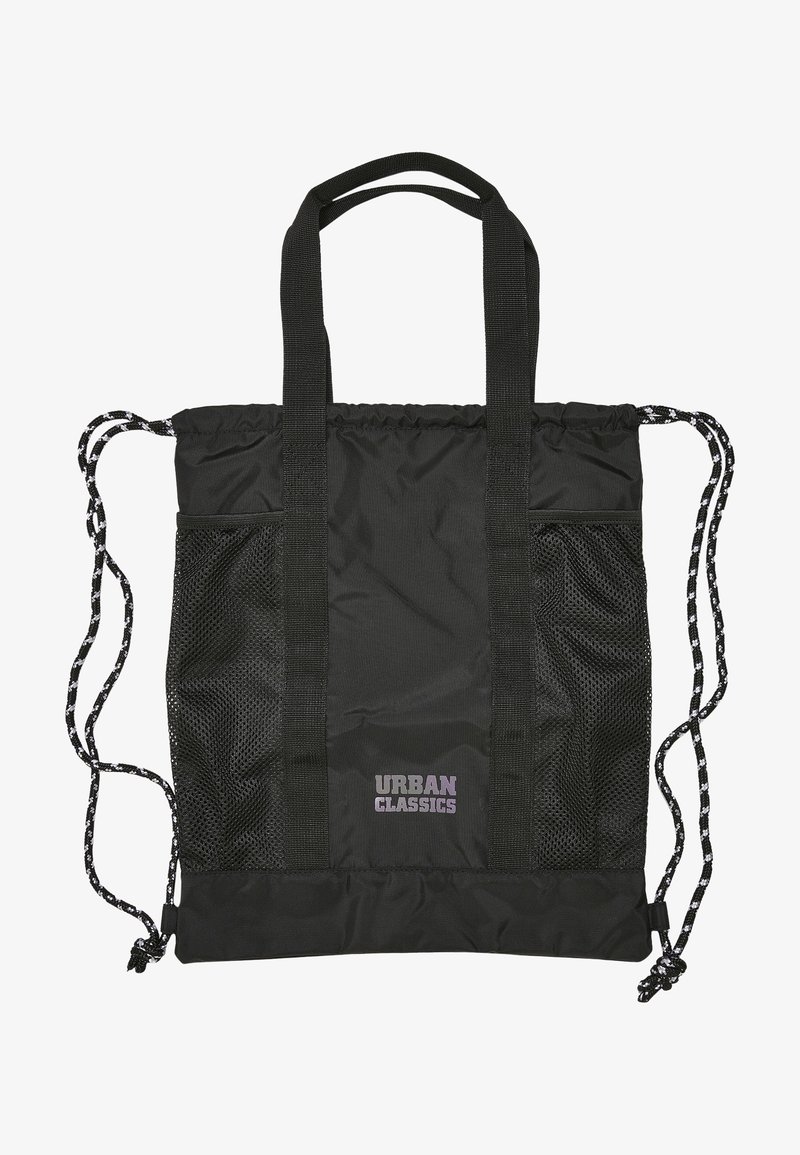 Sac fourre-tout noir à cordon avec poches latérales en filet, doté de poignées solides et du logo "URBAN CLASSICS" en violet sur le devant.