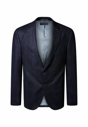 Dunkelblaues Herrenblazer mit subtilen Karomuster, zwei Knöpfen vorne, Reverskragen und zwei aufgesetzten Taschen vorne.