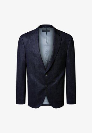 Dunkelblaues Herrenblazer mit subtilen Karomuster, zwei Knöpfen vorne, Reverskragen und zwei aufgesetzten Taschen vorne.