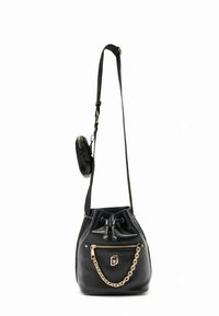 Mustast nahast ämbrikujuline kott reguleeritava rihma, nöörkinnituse, ees oleva tõmblukuga tasku ja kuldse aheldetailiga. Komplektis eemaldatav kotike.