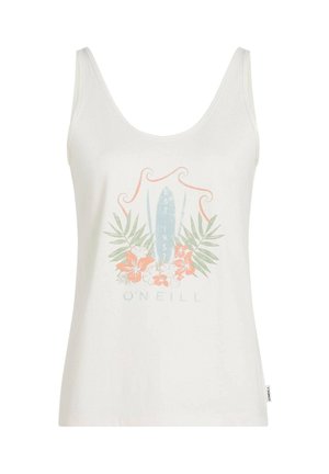 Biały top na ramiączkach z grafiką przedstawiającą deskę surfingową, elementy kwiatowe w różu i zieleni oraz napis "O'Neill" na dole.