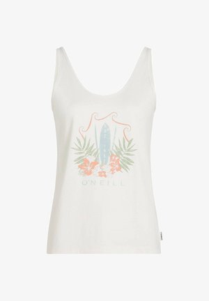 Biały top na ramiączkach z grafiką przedstawiającą deskę surfingową, elementy kwiatowe w różu i zieleni oraz napis "O'Neill" na dole.