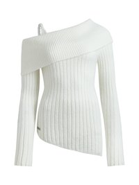 Weißes, geripptes Oberteil mit schulterfreiem Design, langen Ärmeln, strukturiertem Stoff, asymmetrischem Saum und dekorativem Riemen-Detail.