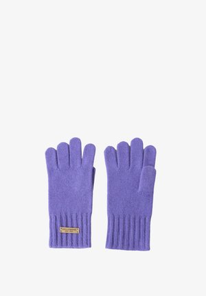 Gants en tricot violets avec un poignet côtelé, portant une étiquette indiquant "BELEMBERE NEW YORK", et un design classique à cinq doigts.