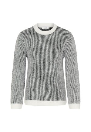 Grau-weißer gestreifter Pullover mit gerippter Textur, rundem Halsausschnitt und langen Ärmeln. Akzentuiert mit einem einfarbigen weißen Saum.