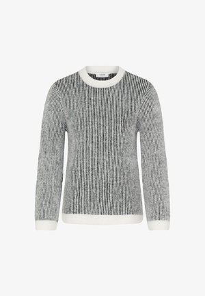 Pelēks un balts svītrots džemperis ar ribotu tekstūru, apaļu kakla izgriezumu un garām piedurknēm. Akcentēts ar vienkrāsainu balto apdari.