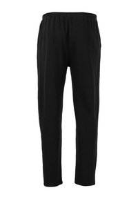 Zwarte katoenen broek met een elastische tailleband, taps toelopend beenontwerp en zijzakken. Gladde textuur, geen zichtbare patronen of accenten.
