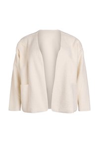 Koorevärviline, pehme tekstuuriga kardigan avatud ees, laskuvate õlgade ja kahe esitaskuga; minimalistlik disain, struktureerimata siluett.