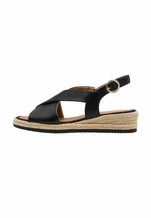 Schwarze Ledersandale mit gekreuzten Riemen, Keilabsatz im Espadrille-Stil mit Jute-Umwicklung und rundem Metallverschluss am Knöchelriemen.