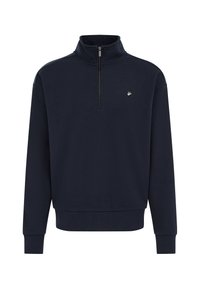 Tengerészkék, negyed cipzáras pulóver álló gallérral, bordázott mandzsettákkal és egy kis emblémával a mellkason. Puha anyag, sima tapintású.