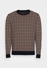 Maglione lavorato a maglia con motivo a chenille nei toni blu navy, crema e arancio. Collo e polsini a costine con una vestibilità rilassata.