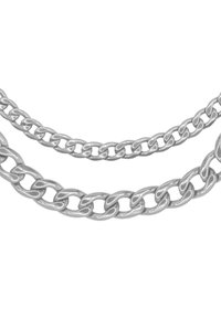 Catene di metallo argento, con una superficie lucida, caratterizzate da due filamenti paralleli di diverse dimensioni dei link in un design interbloccato.
