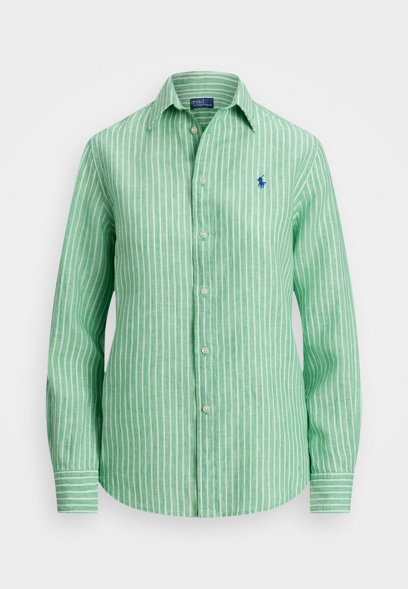 Grönrandig långärmad skjorta i lättviktig tyg. Har en knapp-ned krage och en liten broderad logotyp på vänster bröst.