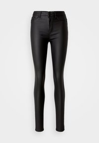 Pantalon slim noir en faux cuir avec fermeture avant par bouton et zip, passants pour ceinture et poches avant et arrière.