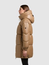 Puffer coat in tan color with a glossy finish, featuring a high collar, elastic cuffs, and side zip pockets.