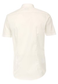 Korte mouwen witte shirt met een getailleerde pasvorm, kraag en gladde stof. Beschikt over een schoon achterontwerp met zijnaad en een afgeronde zoom.