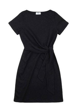 Vestito nero a maniche corte, lunghezza al ginocchio, con scollo rotondo e cintura in tessuto annodata in vita.