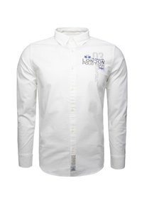Camicia bianca a maniche lunghe con colletto button-down. Presenta dettagli in blu e grigio ricamati sul lato superiore sinistro e un'etichetta all'orlo.