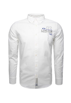 White long-sleeve shirt with a button-down collar. Features blue and gray embroidered text and logo details on the upper left and a label at the hem.