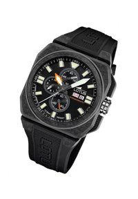 Black chronograph watch with textured rubber strap, square case, luminous markers, and silver hardware. Features orange and white hands.