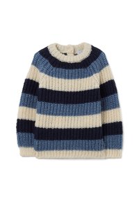 Maglione spesso a maglia con strisce orizzontali in crema, blu navy e azzurro, dotato di un collo a girocollo e polsini a coste.