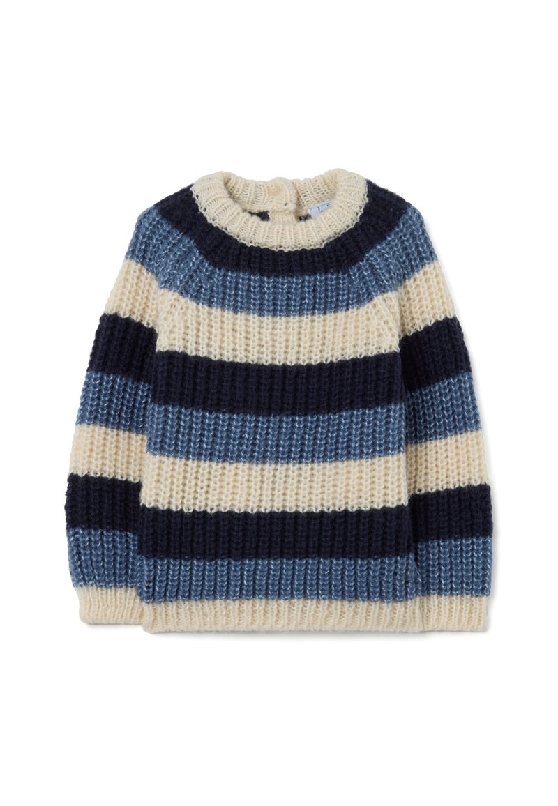 Maglione spesso a maglia con strisce orizzontali in crema, blu navy e azzurro, dotato di un collo a girocollo e polsini a coste.