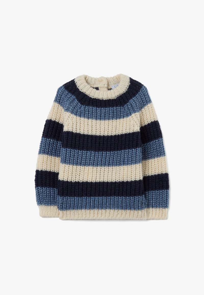 Maglione spesso a maglia con strisce orizzontali in crema, blu navy e azzurro, dotato di un collo a girocollo e polsini a coste.