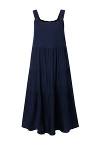 Robe midi bleu marine sans manches avec larges bretelles, détails de boutons aux épaules et jupe froncée à étages sur fond blanc.